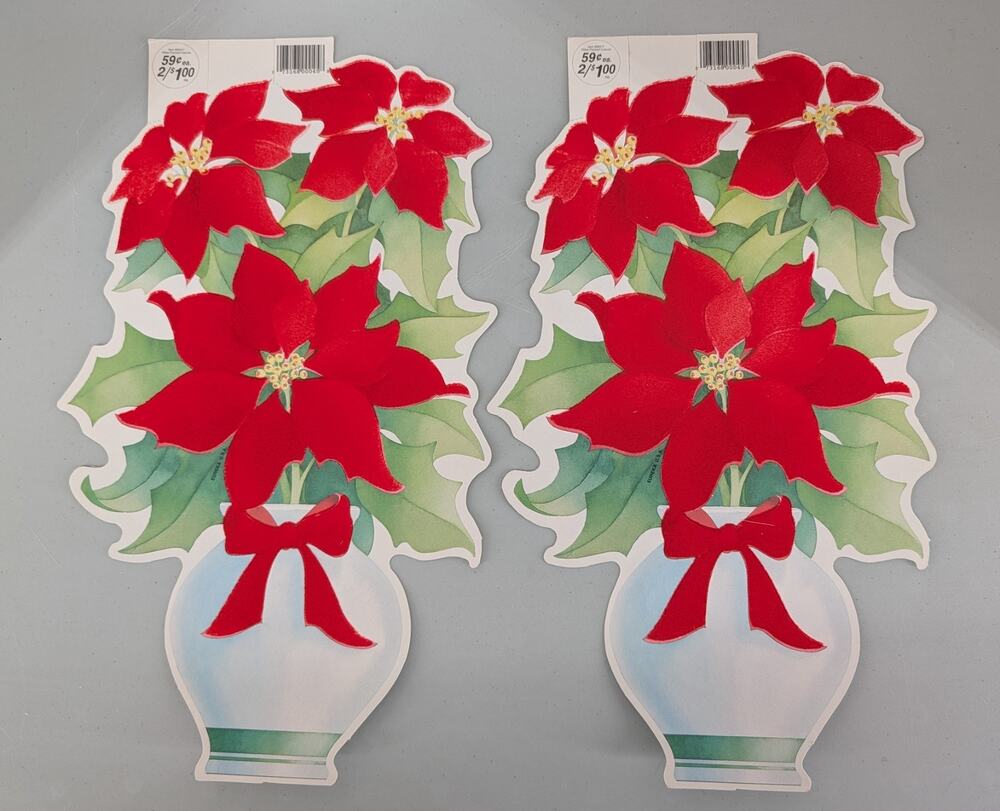 2 Vintage Die Cut Flocked Christmas Poinsettia Double Sided NOS